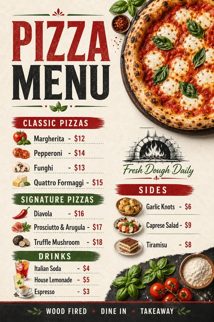 Pizza restaurant menu with wood-fired oven imagery, Margherita photography, and structured price layout.
