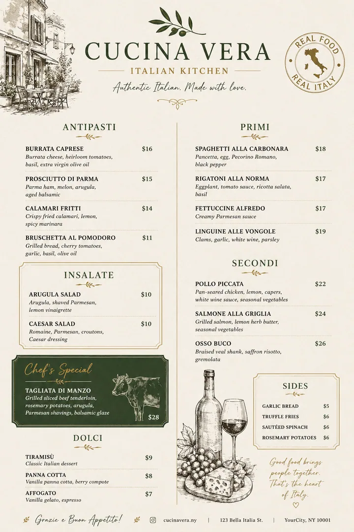 Italian restaurant menu with olive branch illustrations, wine sketches, and structured course layout.