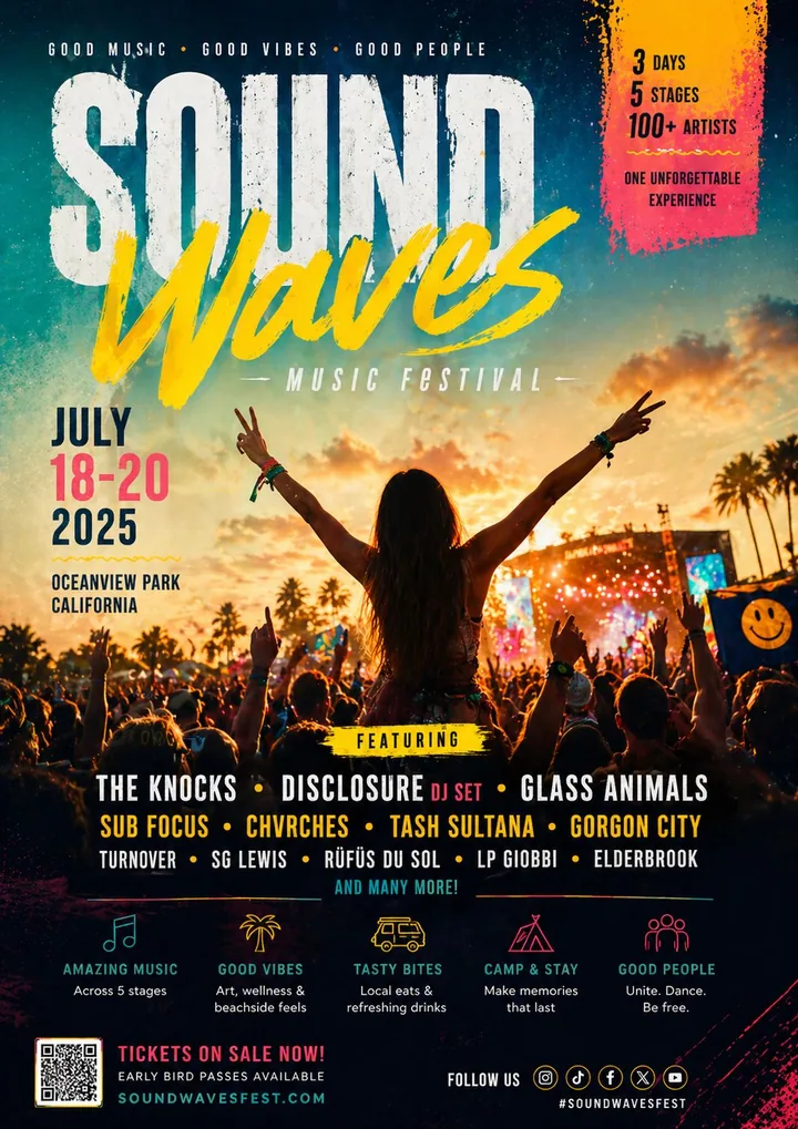 Music festival poster with crowd lighting, bold typography, and event campaign details.
