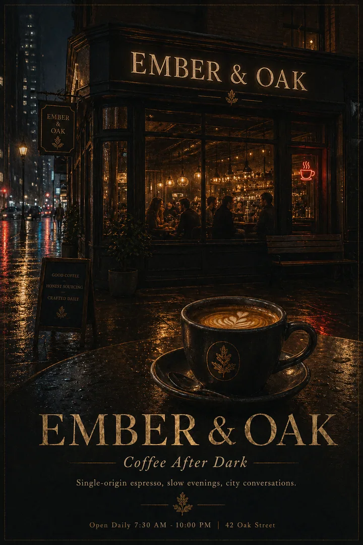 Night-time coffee shop exterior with rain reflections, warm interior glow, and elegant dark branding.