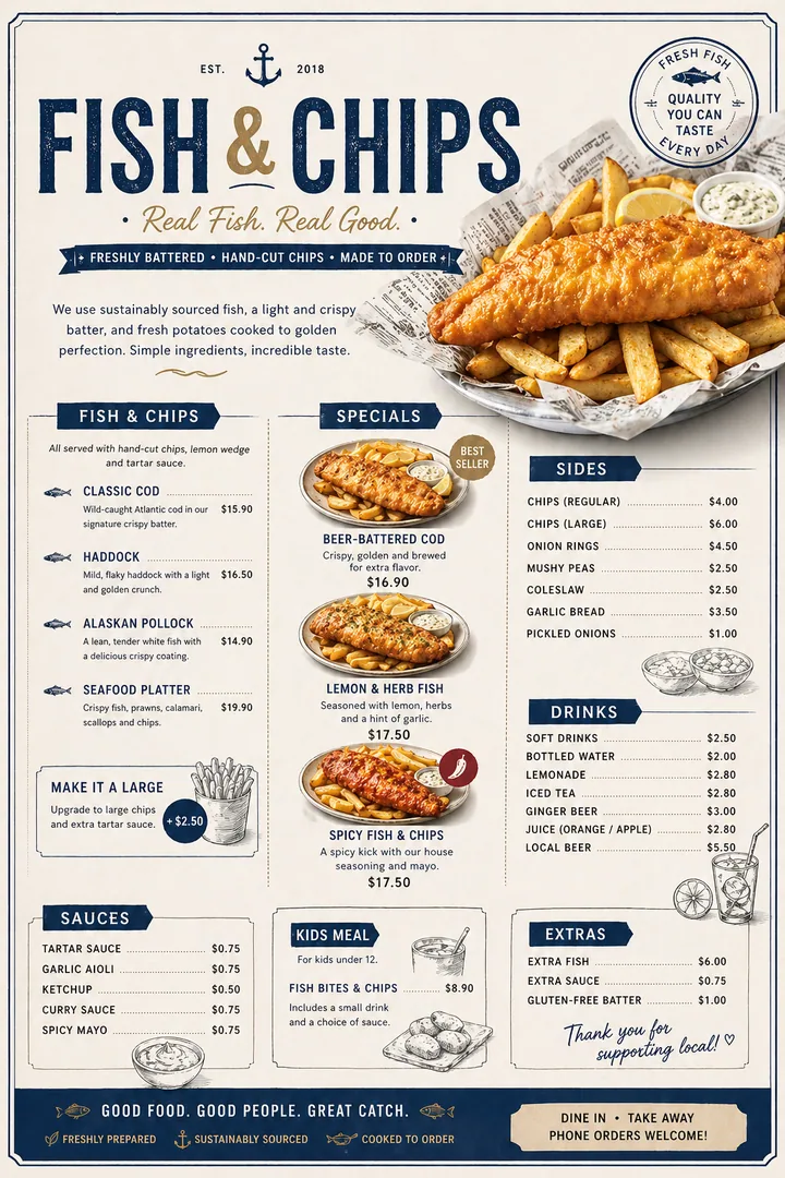 Fish and chips menu with newspaper-style layout, golden food photography, and structured pricing.
