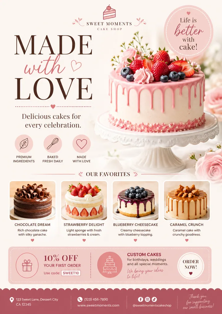 Bakery promotional poster with pink drip cake, strawberry toppings, and soft celebration branding.